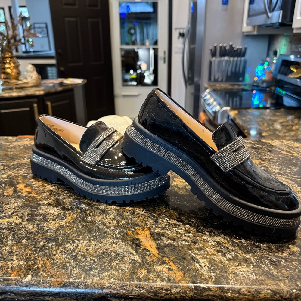 Jessica Simpson Black Patent Loafers with Silver Details